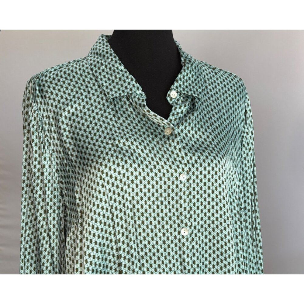 J. Jill Womens XL Green Geometric Print Button-Down Blouse 55% Viscose 45% Rayon